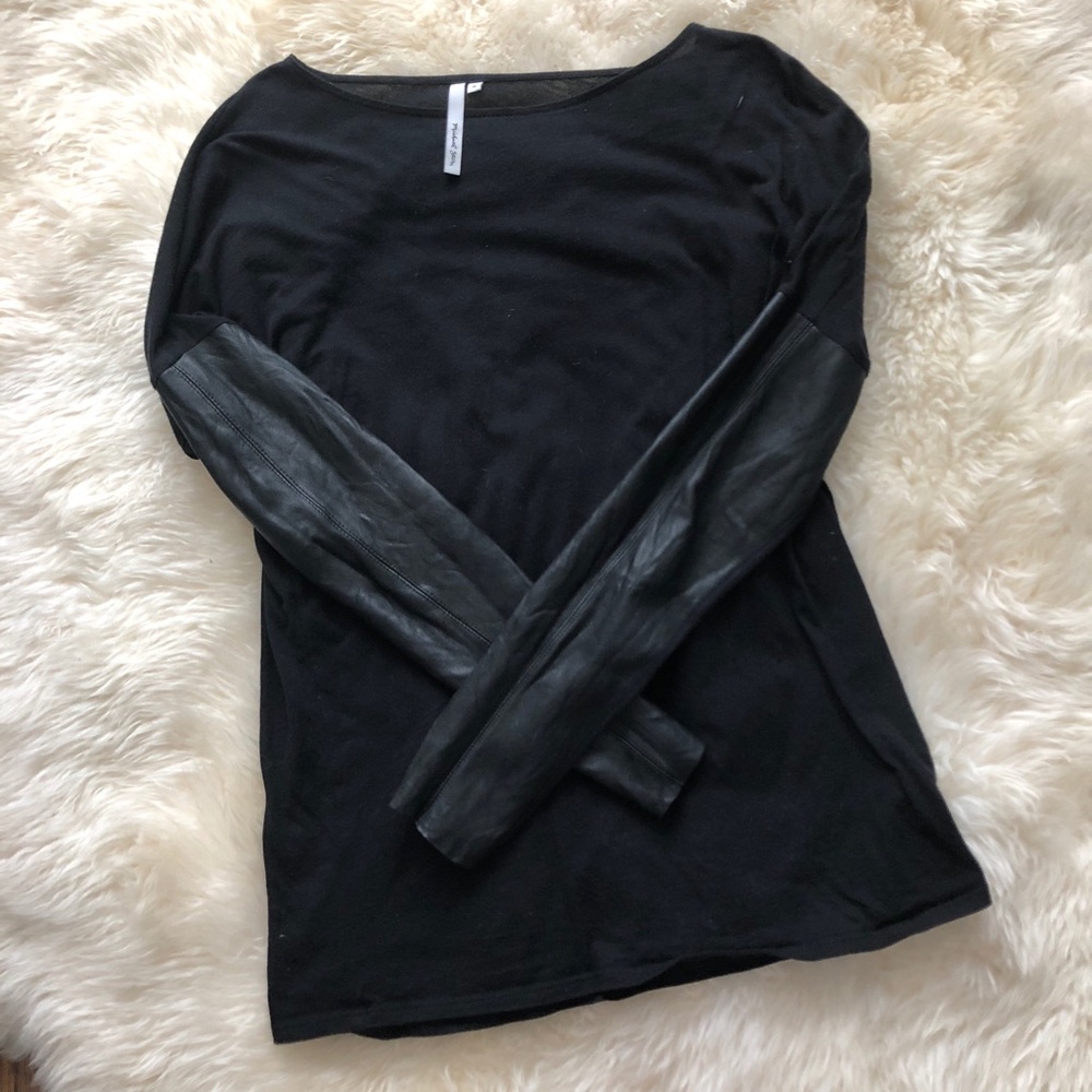 Michael Star Black T Shirt with Leather Sleeves